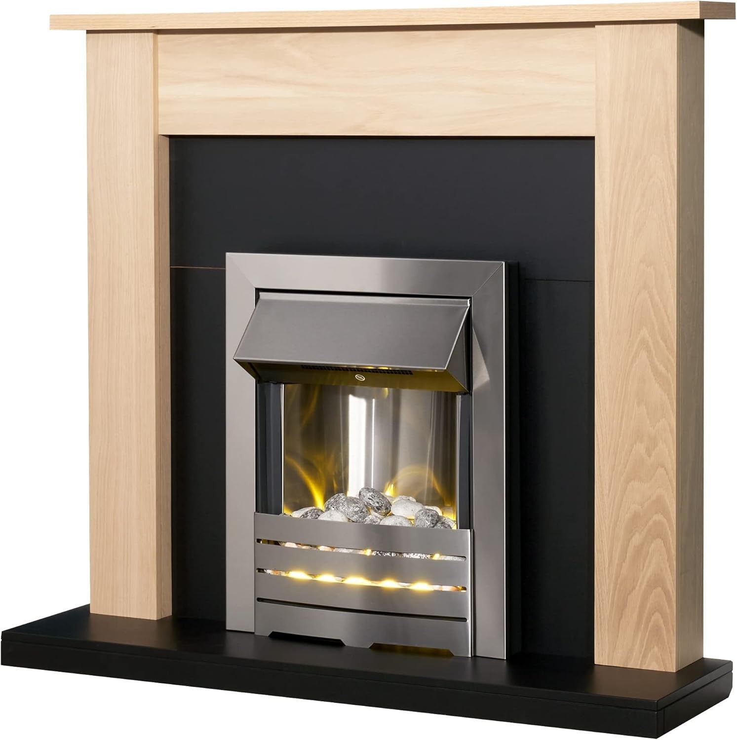 Electric Fireplace Suite Oak & Black 43" Brushed Steel 2kW Wall Fire