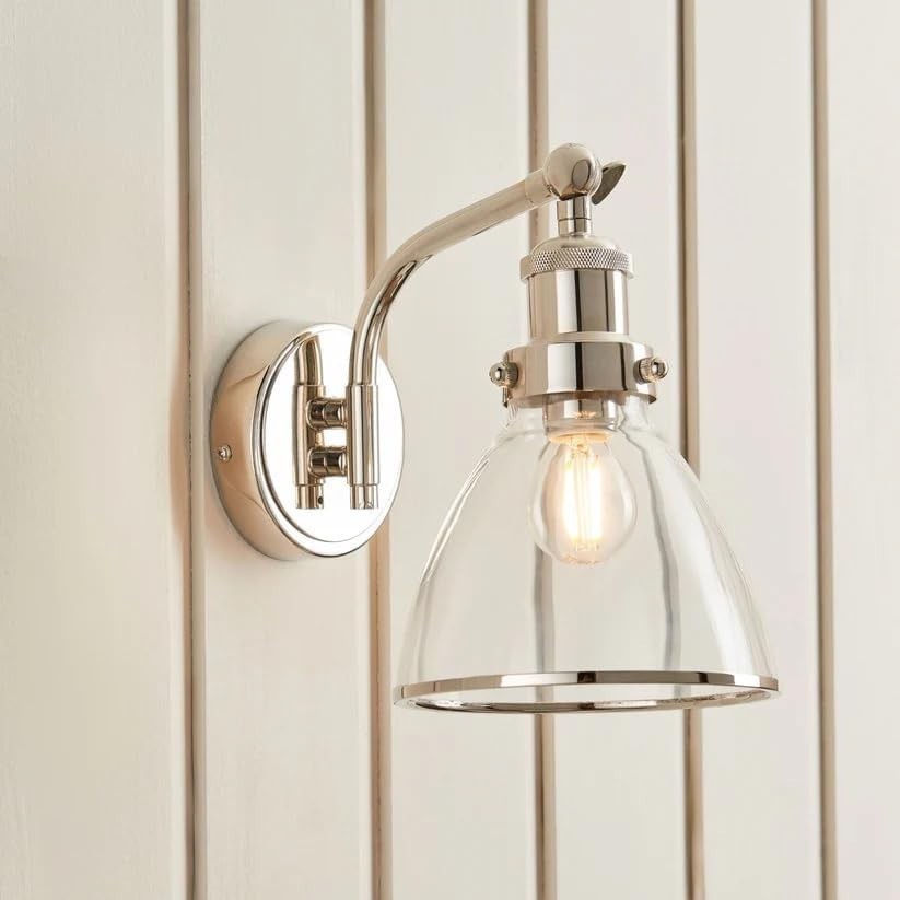 Low-Profile Polished Nickel Glass Wall Light, 23cm, Clear Shade, Modern Accent