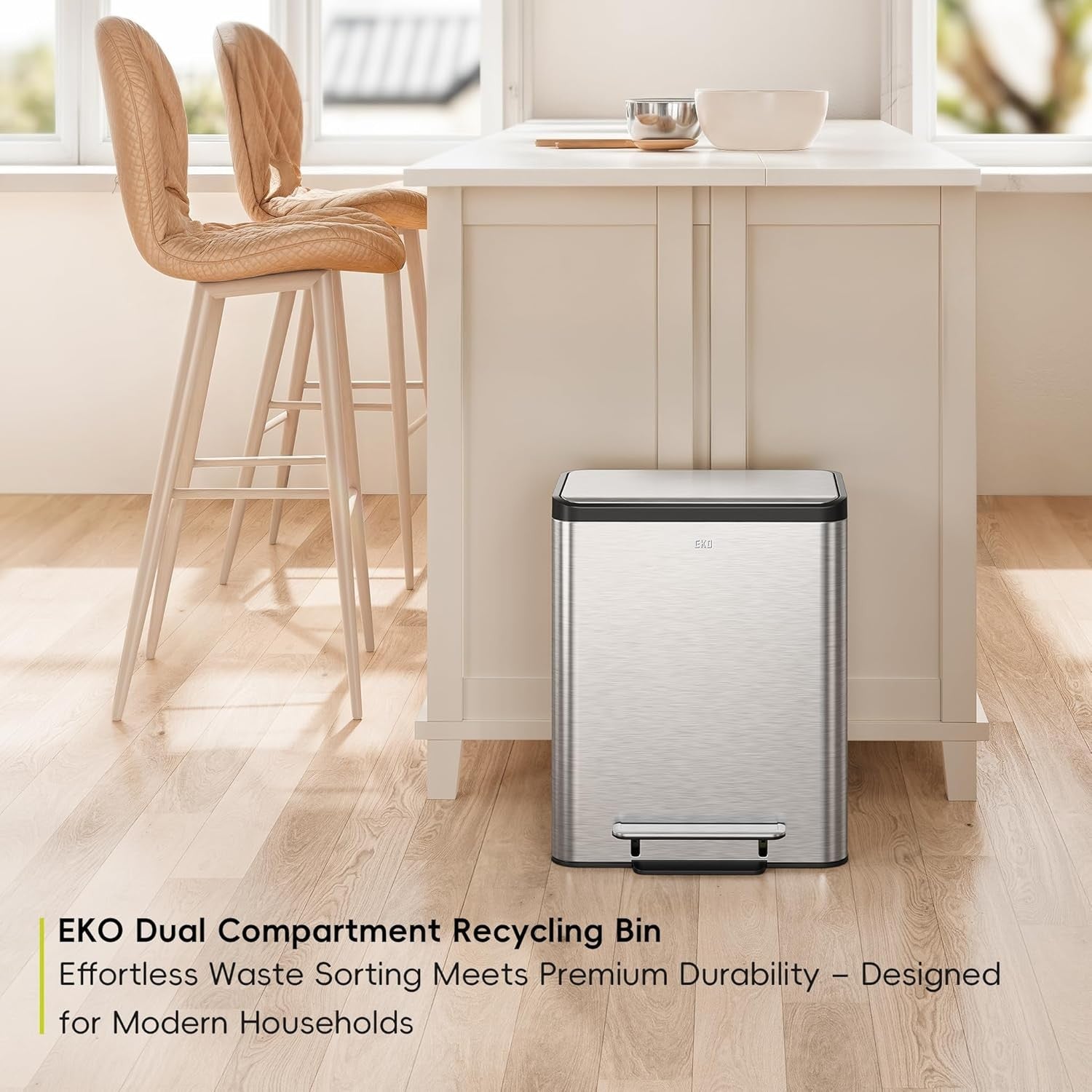 30L Dual Recycling Kitchen Bin 15+15L Stainless Steel Pedal