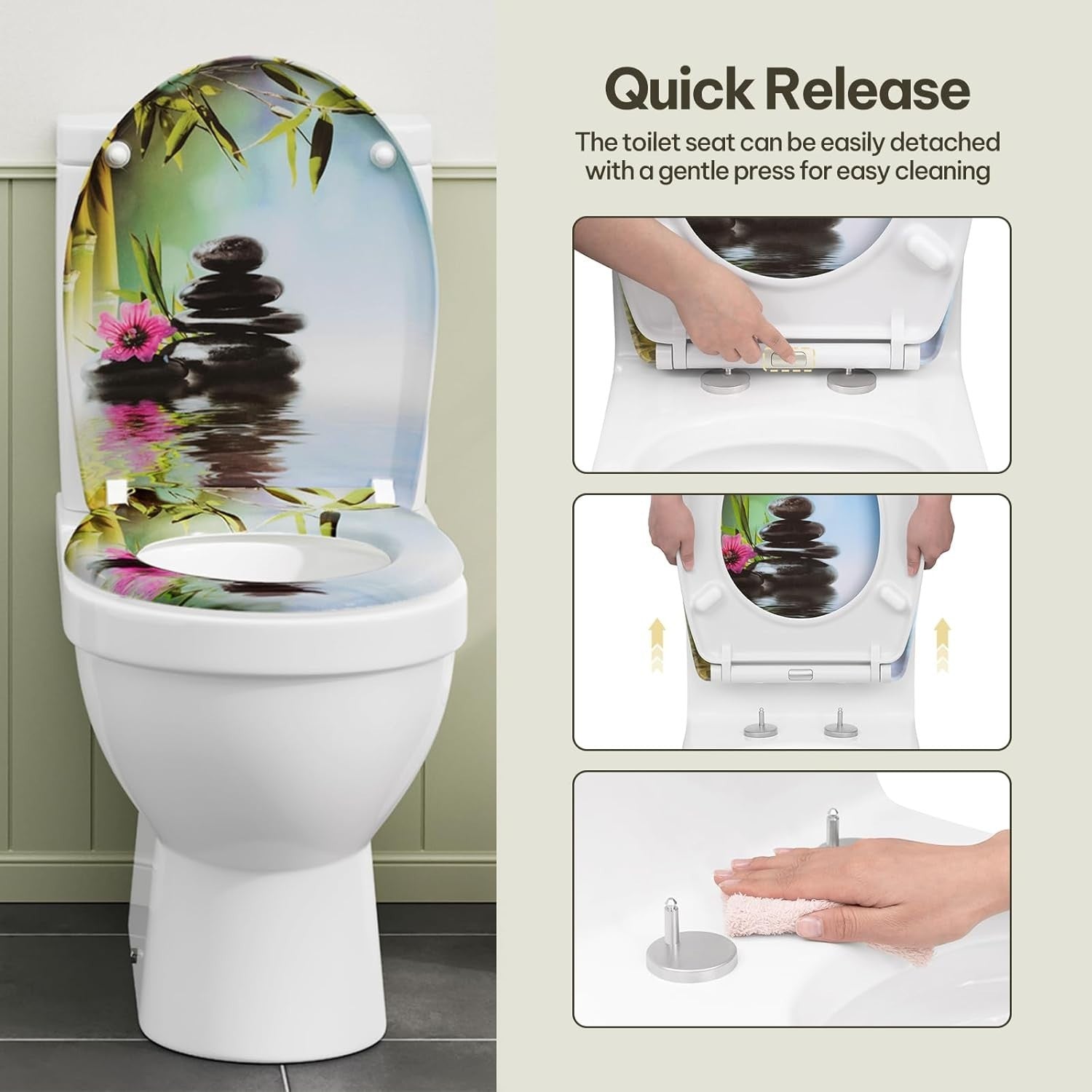 Soft Close O-Shaped Toilet Seat Quick Release Duroplast Stones & Flower Print