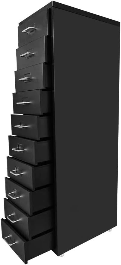 Black Metal 10 Drawer Mobile Filing Cabinet Tall Office Storage on Wheels