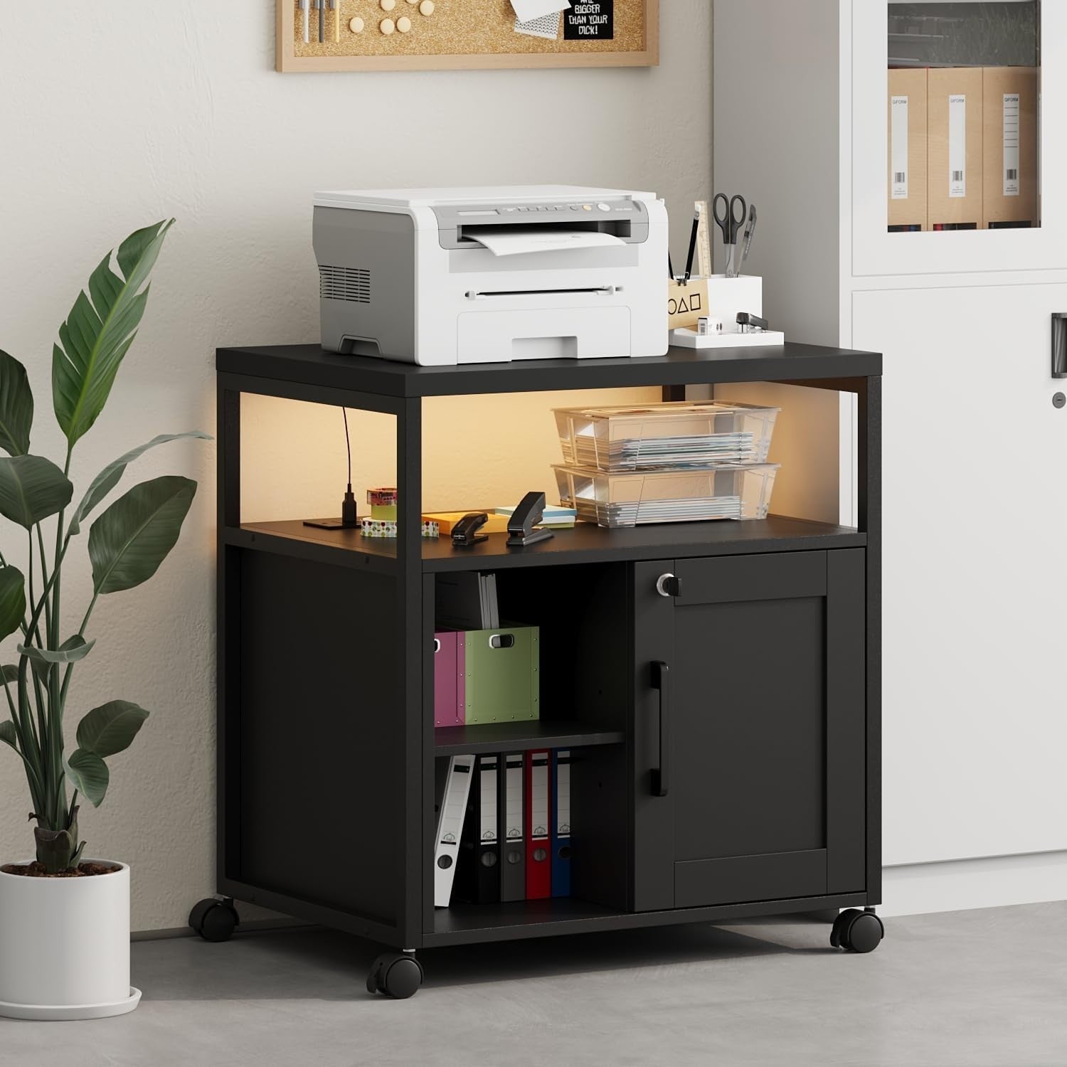 Black LED Mobile File Cabinet 65cm Lockable Printer Stand