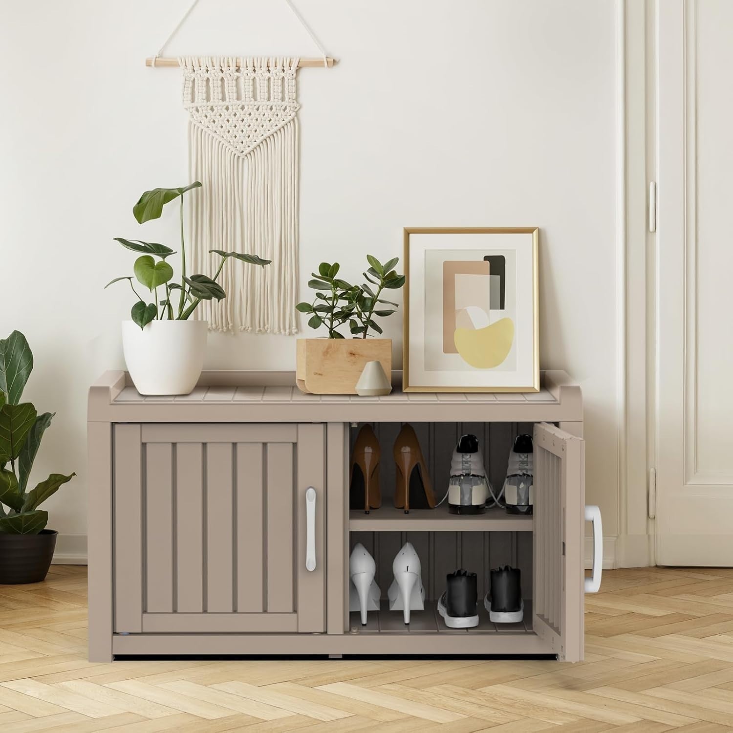 Indoor/Outdoor Resin Shoe Cabinet with Adjustable Shelves & Seat Grey