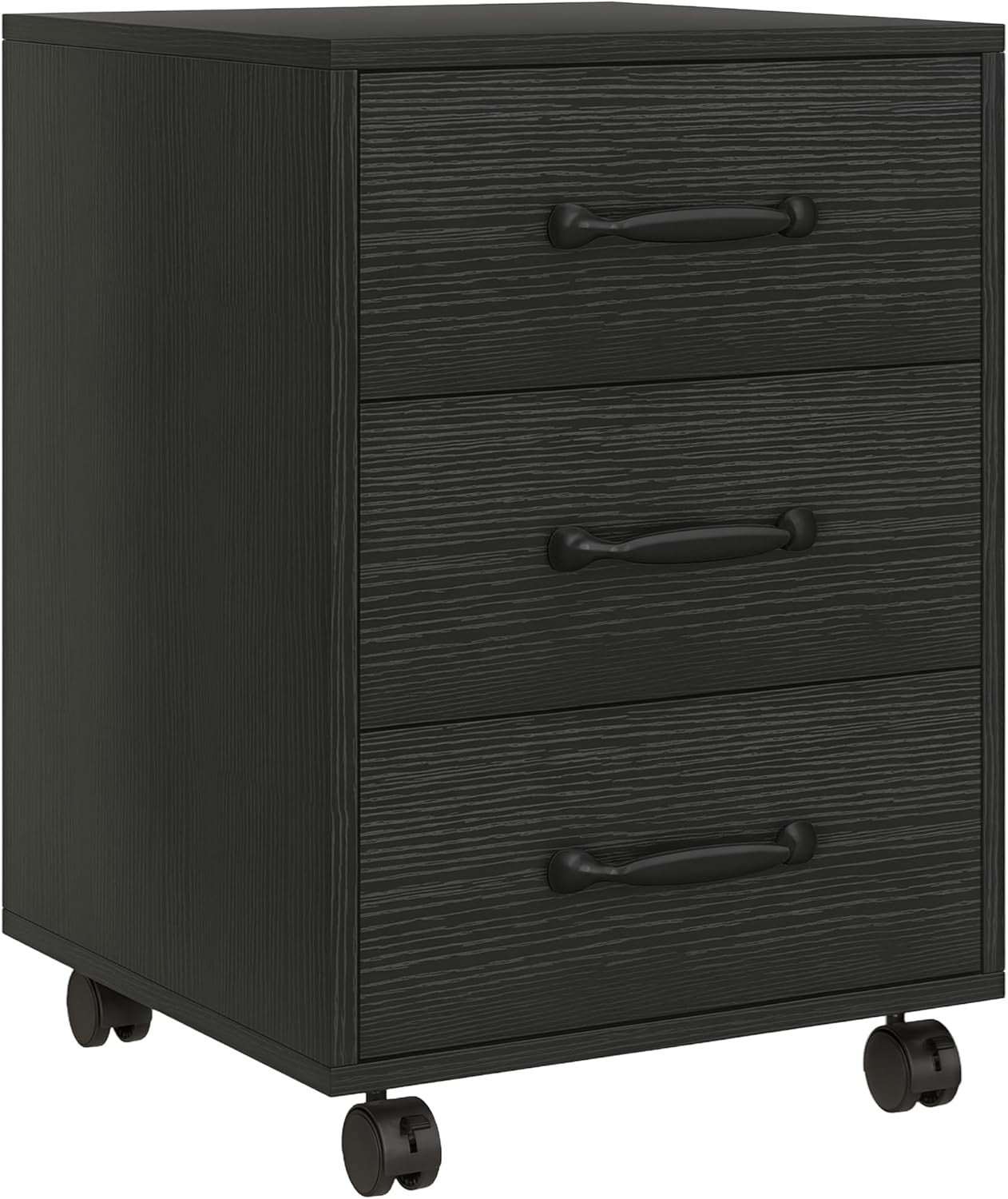 Black Wood Grain Rolling Drawer Cabinet 3 Tier Under Desk File Storage