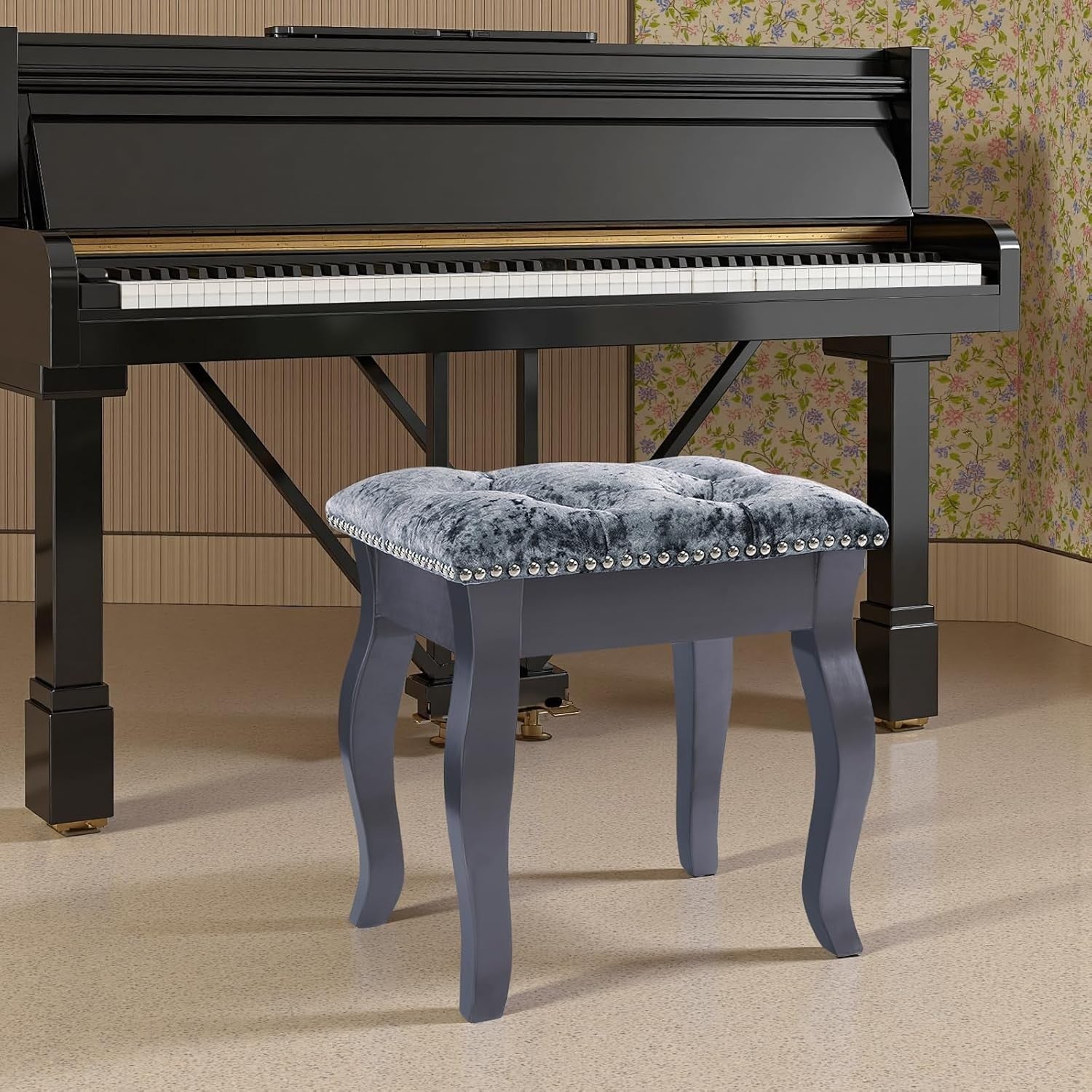 Grey Velvet Vanity Stool with Wooden Legs – Comfortable Dressing Table Chair