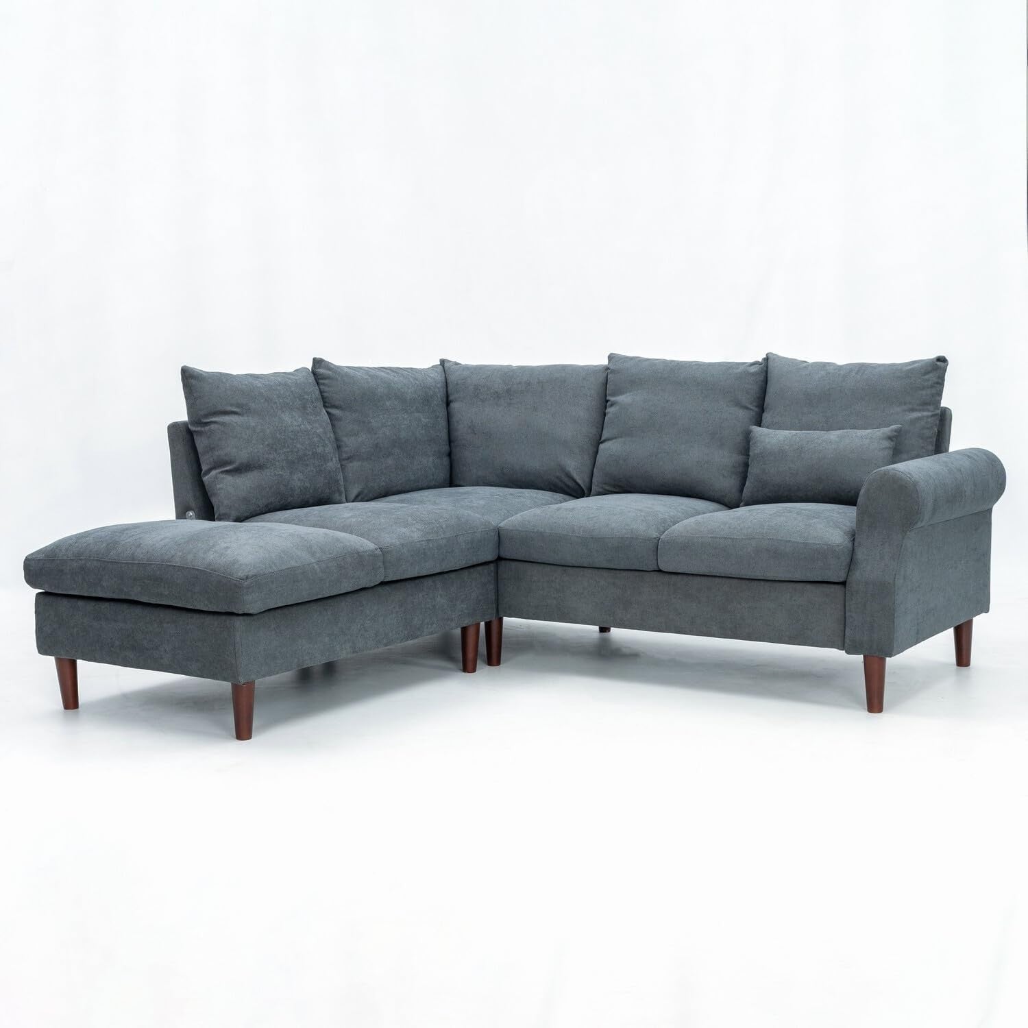 5 Seater Corner Sofa with Chaise & USB Charging Port – Grey Linen, 200x195cm