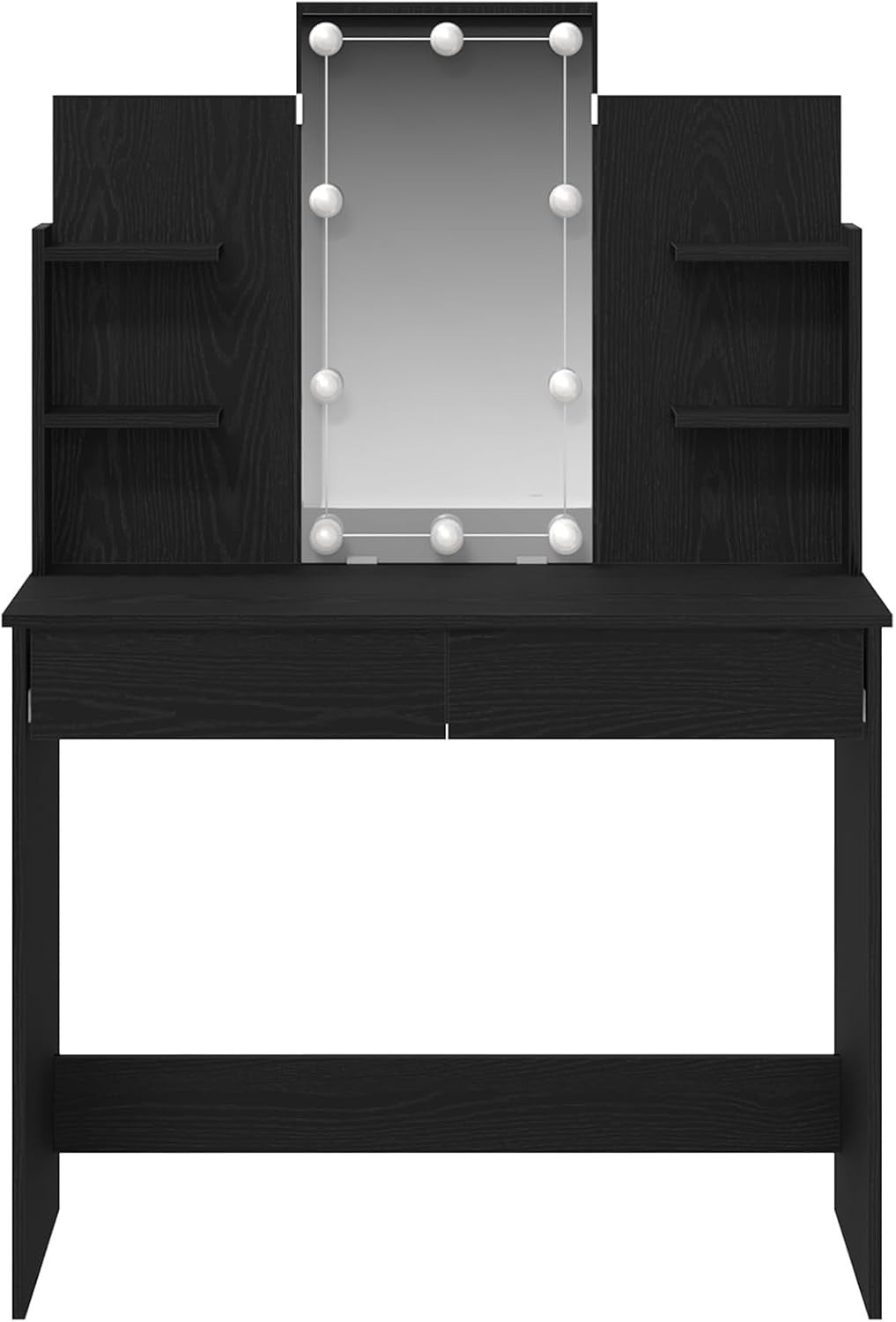 Contemporary Vanity Dresser 6 Drawer LED Mirror Black Oak Makeup Table