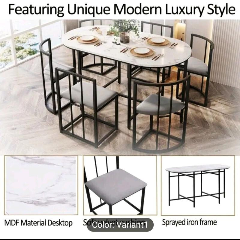 6 Seater Marble Dining Table Set – Modern Black Frame + Cushioned Chairs