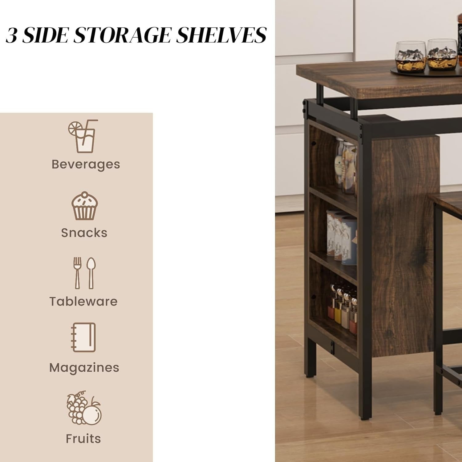 3 Piece Bar Table with Shelves & 2 Stools Space Saving Breakfast Dining Set Home