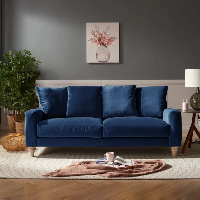 Navy Blue 3 Seater Sofa Scatter Cushions Deep Seat Velvet Modern Lounge