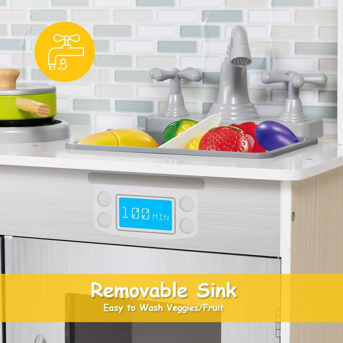 Kids Wooden Play Kitchen Silver w/ Microwave Stove Sink Toy Set