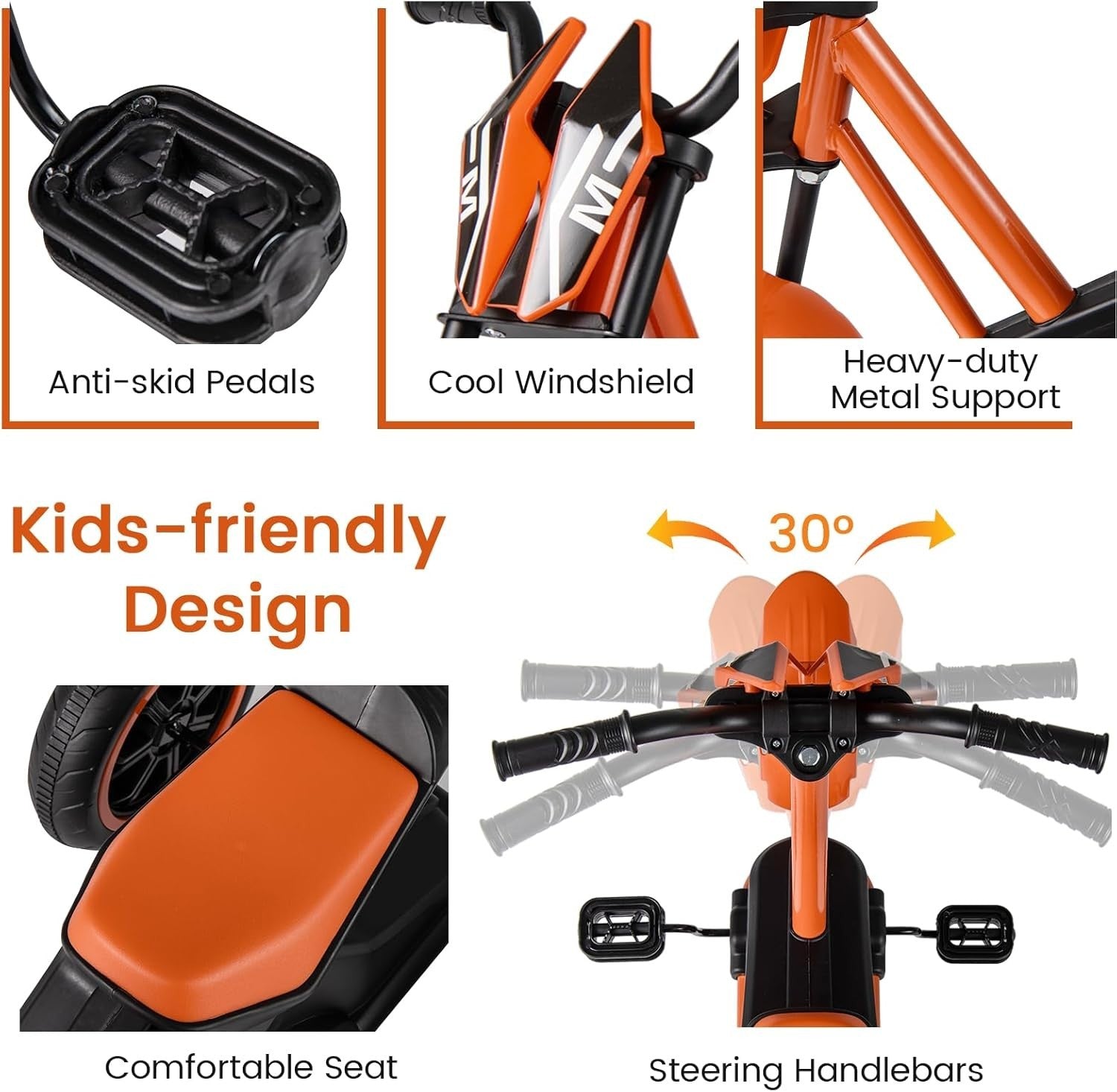 Kids Tricycle 3 Wheel Balance Bike Anti Slip Pedals Orange Age 3+