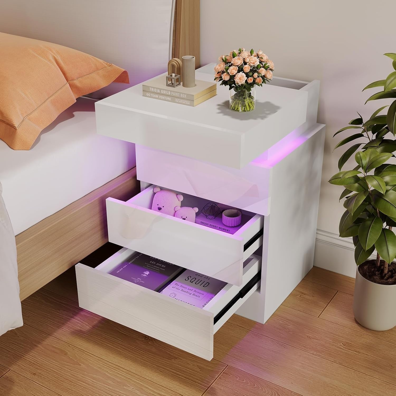 Modern Gloss White Bedside Cabinet with LED Lights, USB Charging Ports