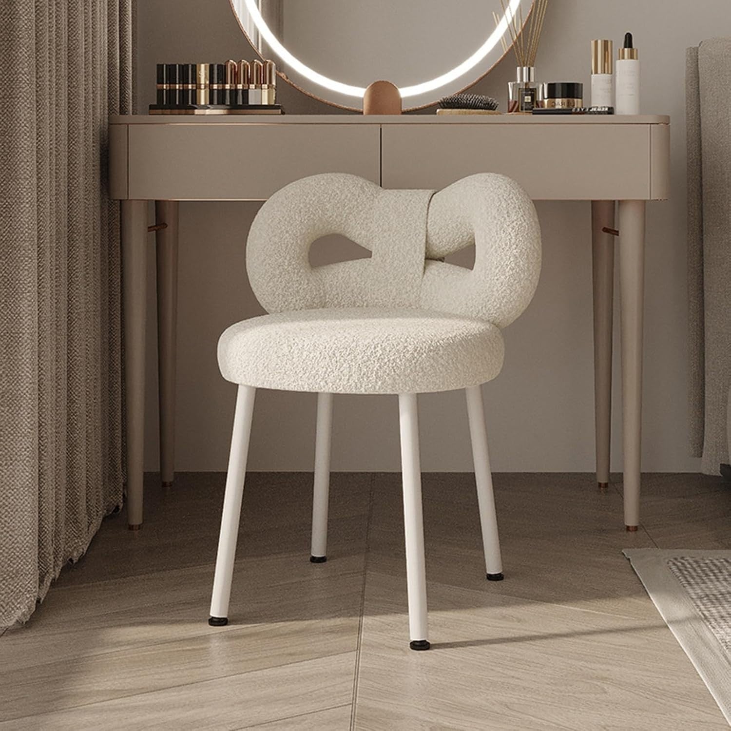 White Bowknot Vanity Chair Faux Wool Makeup Stool Adjustable Feet Modern