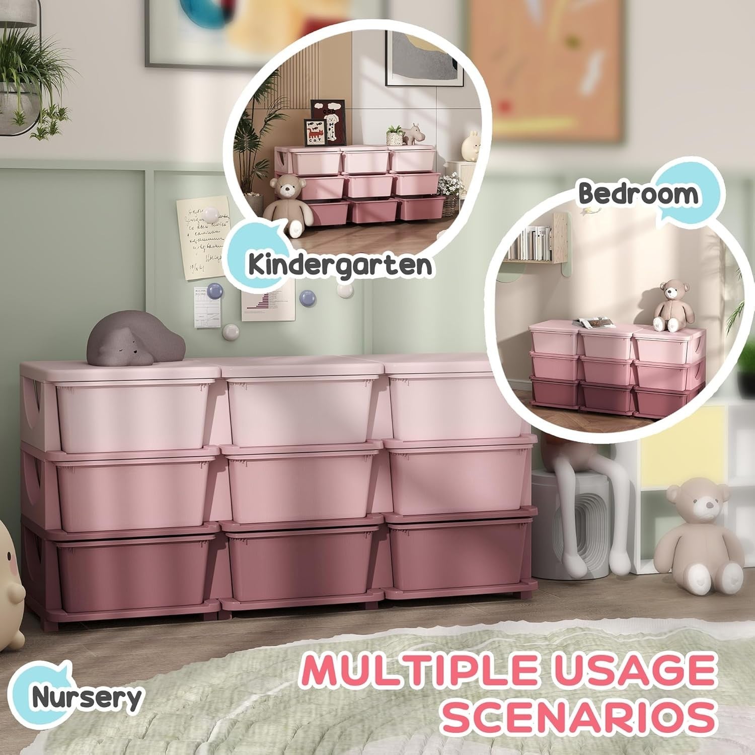 Kids 9-Drawer Storage Unit Toy Organizer Chest with Safe Rounded Corners Pink