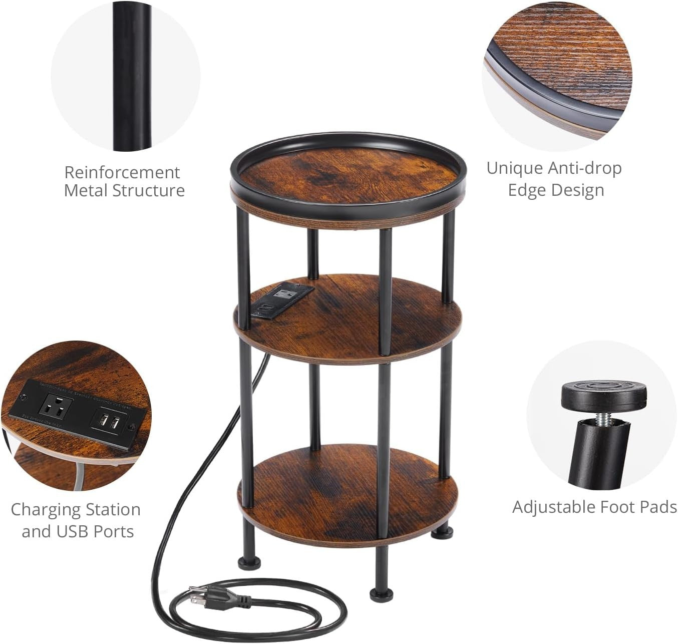 Small Round End Table with USB & Power Outlets, 3-Tier Rustic Side Table