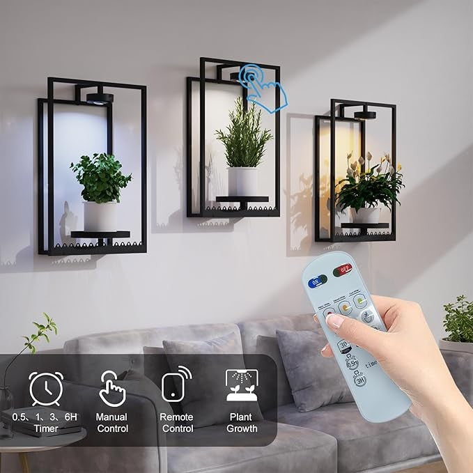 2 Pack Wall Mounted Metal Plant Holders with Remote Grow Light Indoor Decor