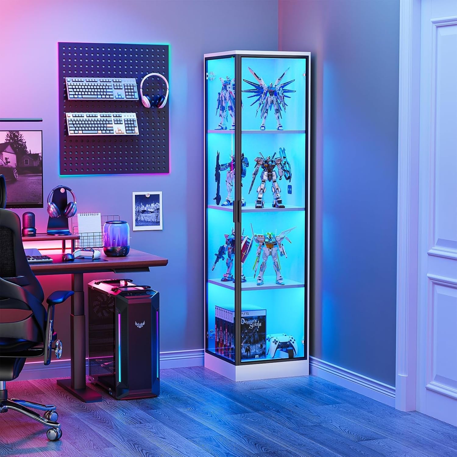 White LED Corner Display Cabinet 4-Tier Glass Showcase Unit with Sensor Lighting