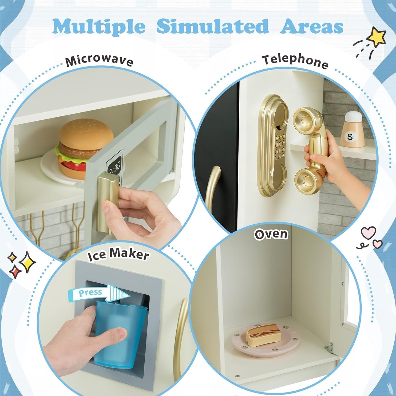 Kids Wooden Play Kitchen Blackboard Ice Maker Microwave Beige Toy