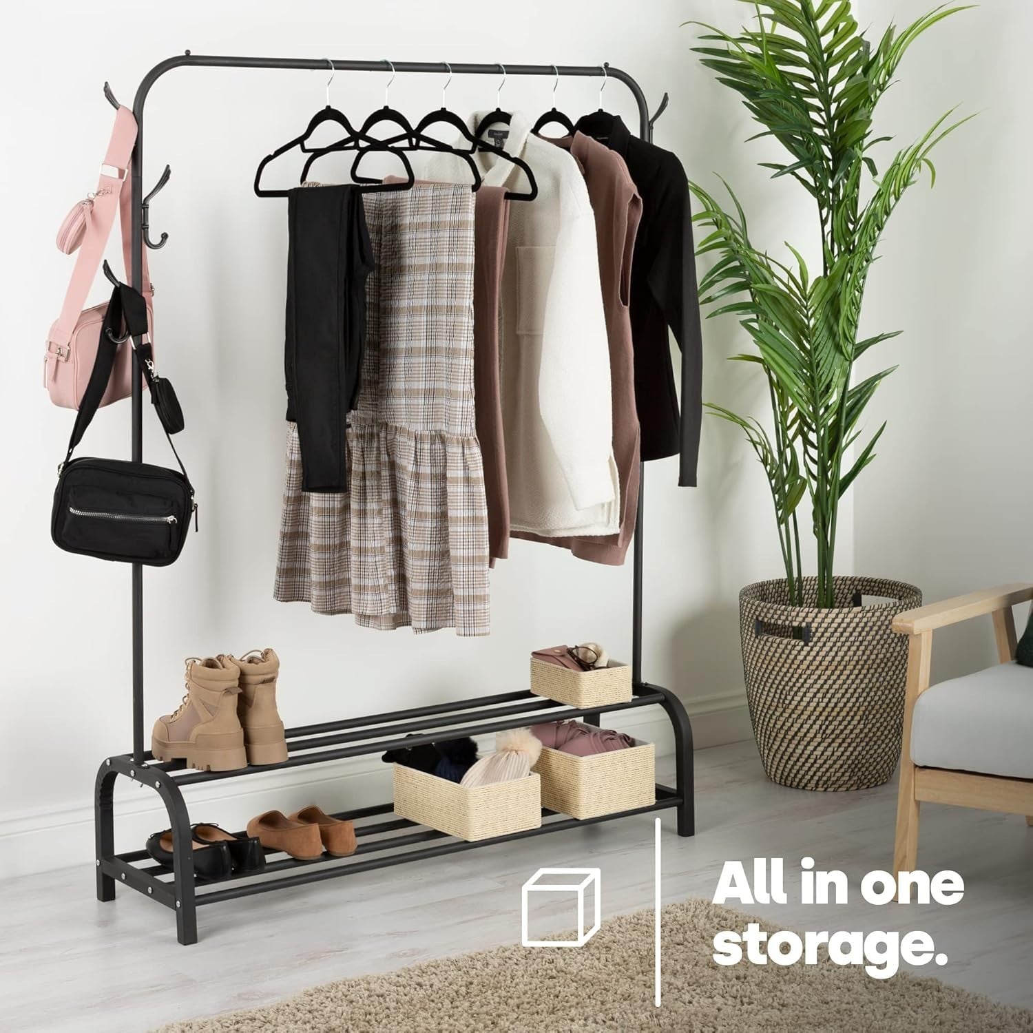 Heavy Duty Clothes Rail with 2-Tier Shoe Shelf – Black 150cm