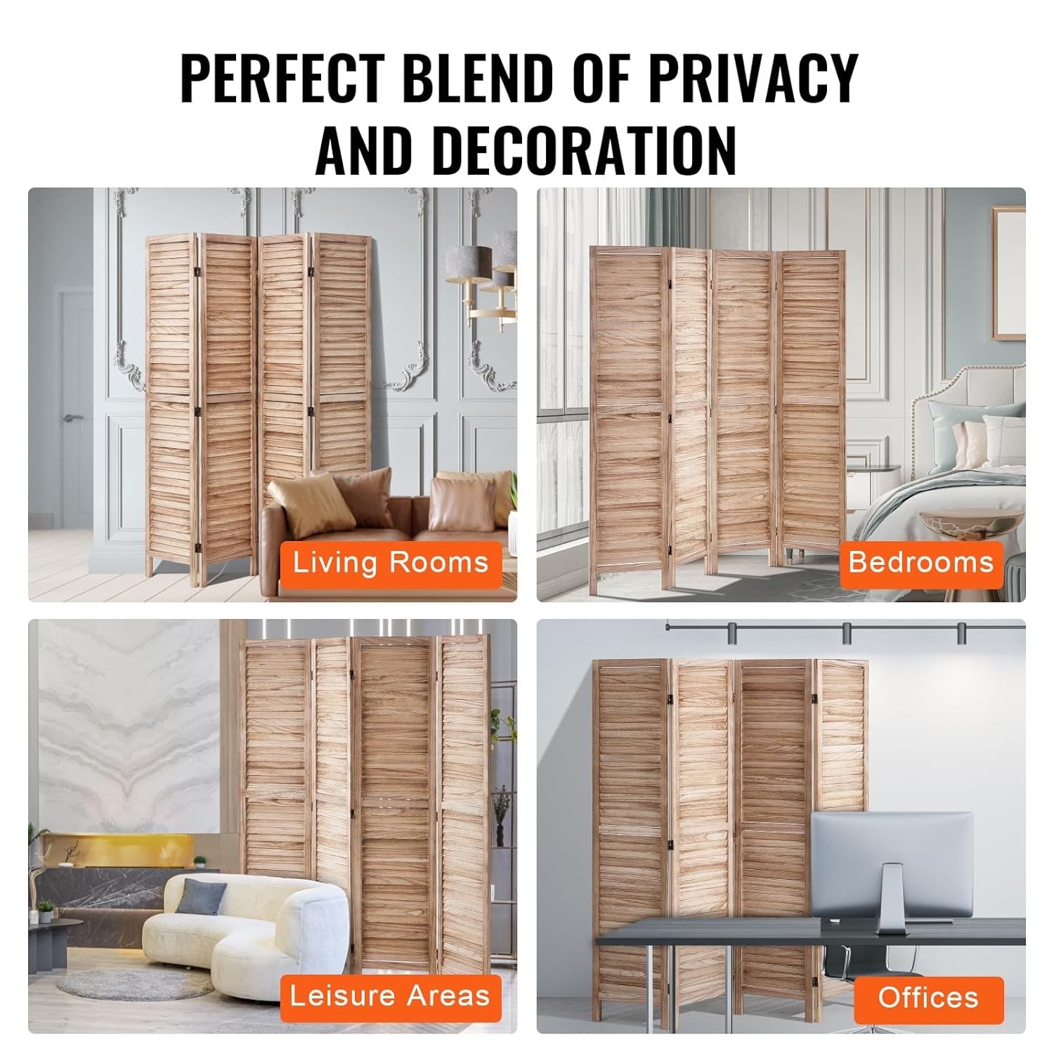 4 Panel Wooden Folding Room Divider Light Natural Privacy Screen 162x170cm