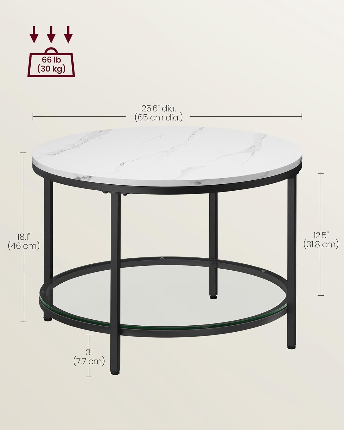 Modern Round Coffee Table with Faux Marble Top & Tempered Glass Shelf