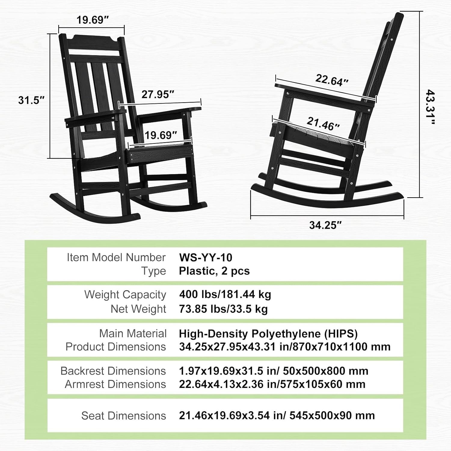 Outdoor Rocking Chair Set – Comfortable Patio Porch Chairs, Supports 400 lbs