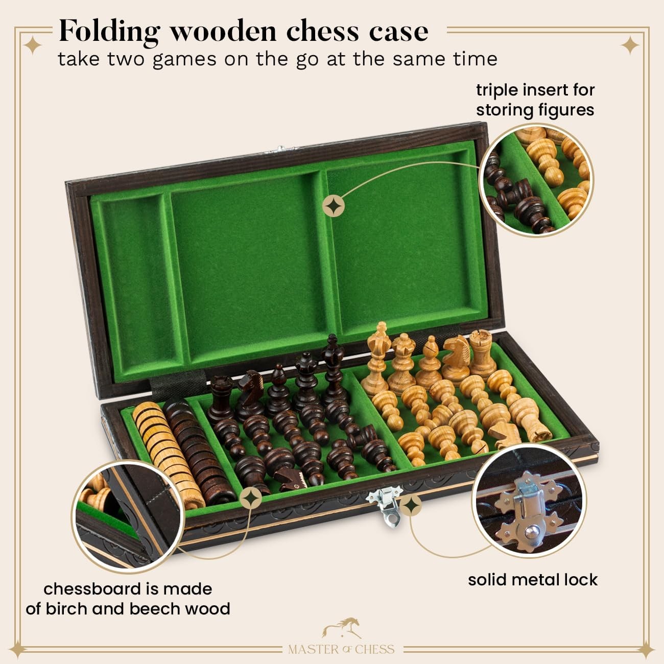 35cm Cherry Wood Chess & Draughts Set | 2-in-1 Folding Board Game for Adults & K