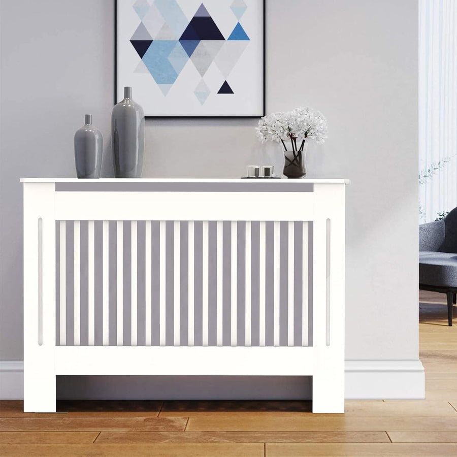 Modern White Radiator Cover Cabinet 92cm MDF Vertical Slatted Heater Shelf