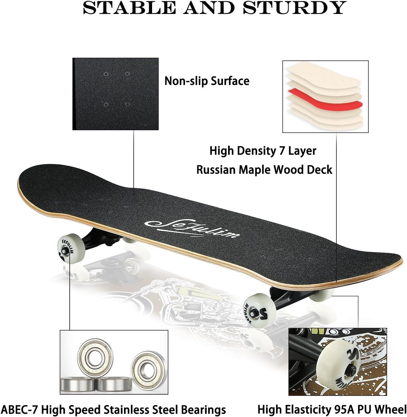 31" Complete Skateboard Maple Double Kick Street Board ABEC-7 Teens Adults