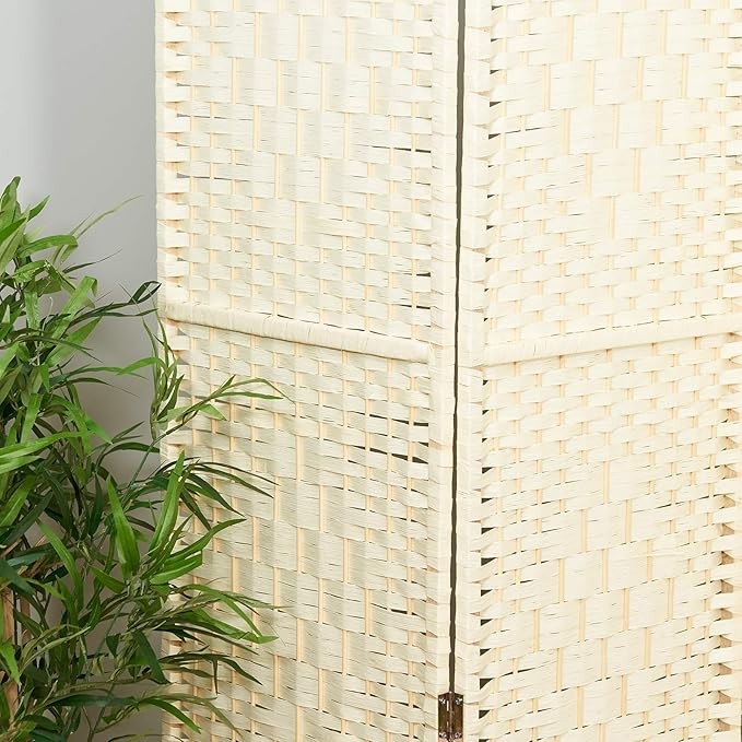3-Panel Solid Weave Wicker Room Divider Folding Privacy Screen Cream