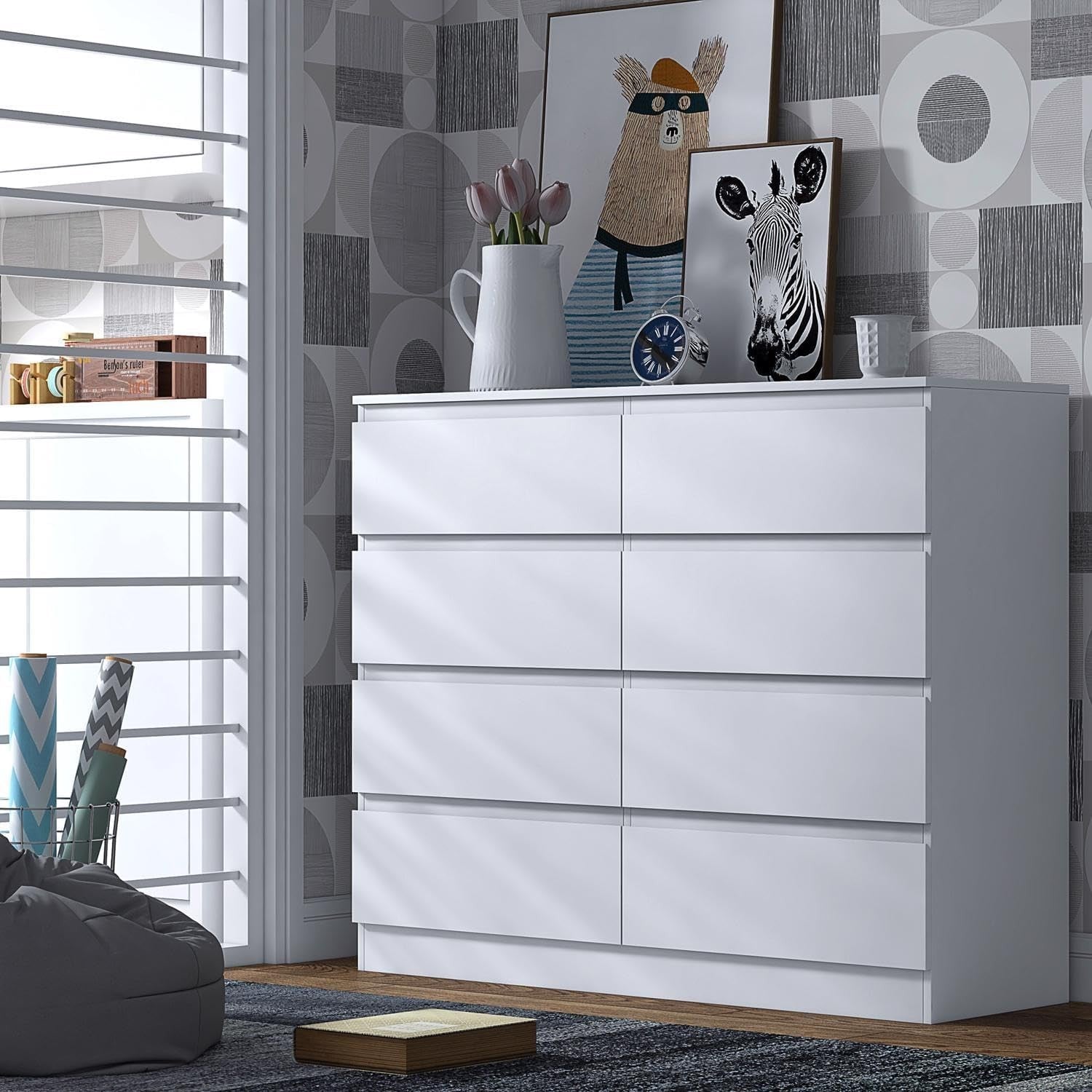 Matt White 8 Drawer Chest Modern Wide Storage Unit Scratch Resistant
