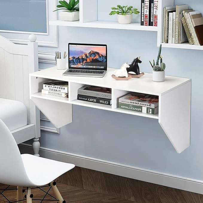 Wall Mounted Floating Desk Laptop Table Storage Shelves Space Saving