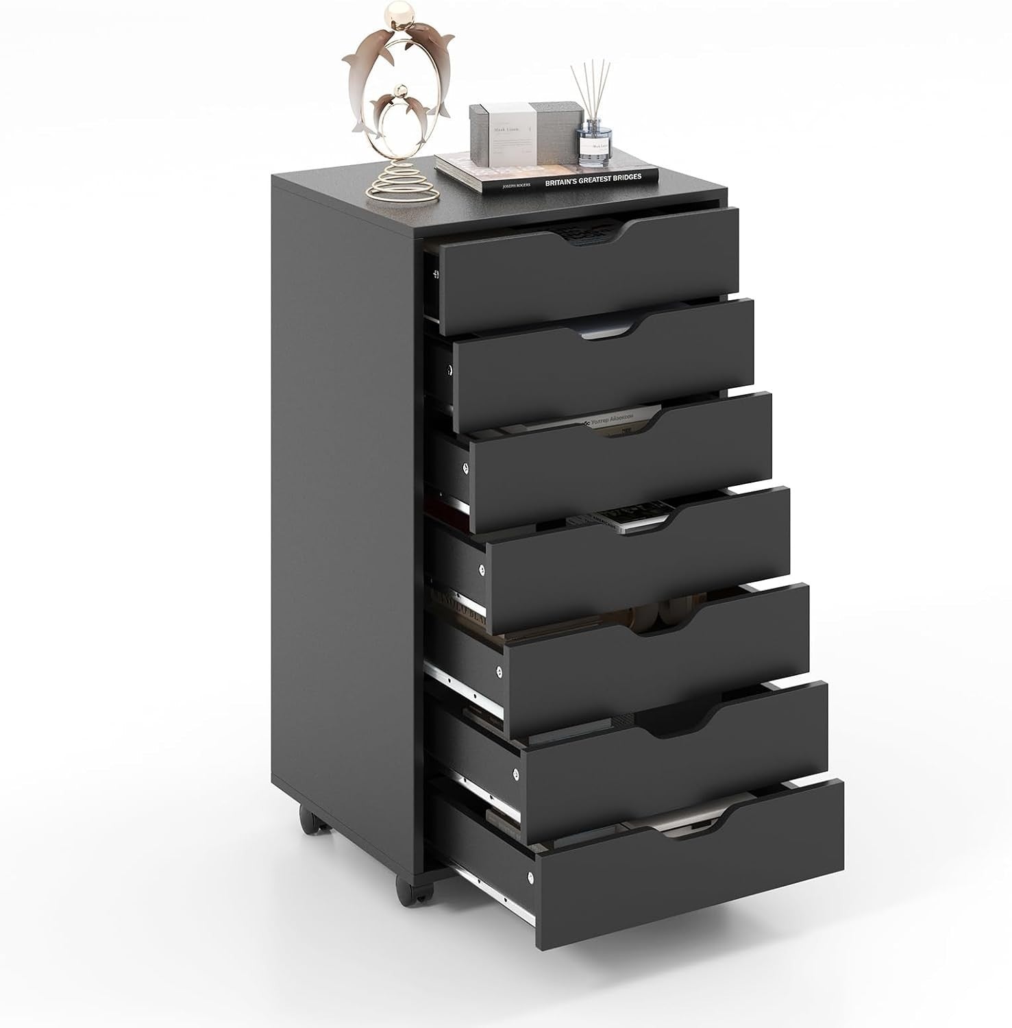 Black Mobile Filing Cabinet 7 Drawer Storage Unit with Wheels for Home Office