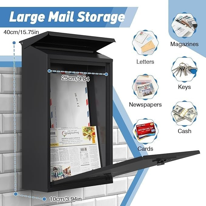 Waterproof Wall Mounted Post Box with Combination Lock & Window 40x25x10cm