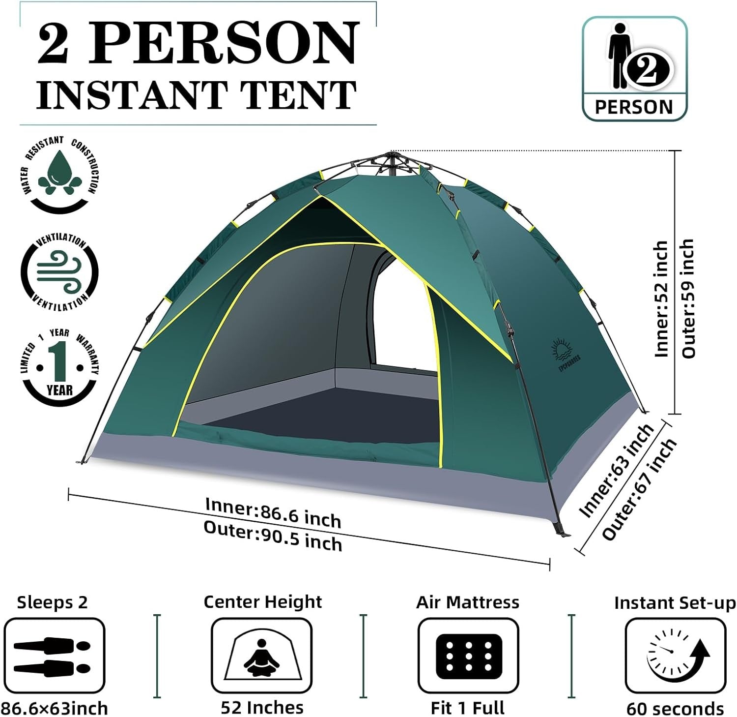 2 Man Pop Up Camping Tent Waterproof Instant Double Layer w/ Bag