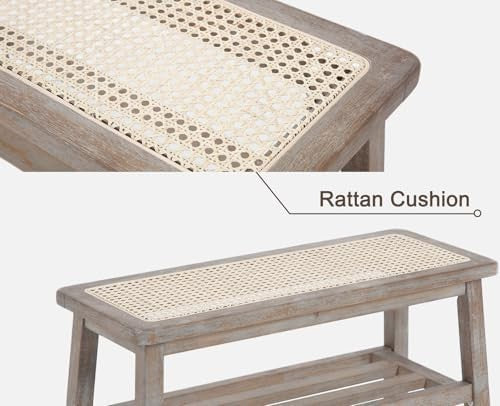 Mid Century Rattan Hallway Bench with Storage Rustic Wood Seat 75×30×44cm
