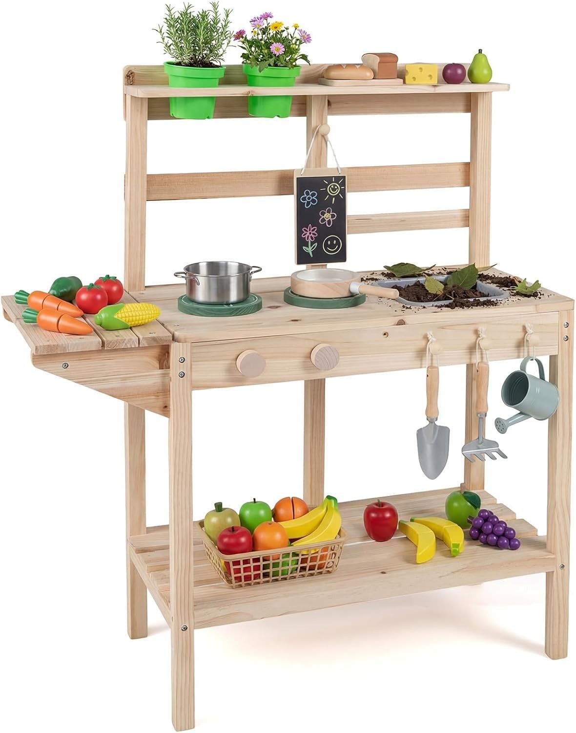 Outdoor Mud Kitchen for Kids Wooden Playset w/ Sink Chalkboard