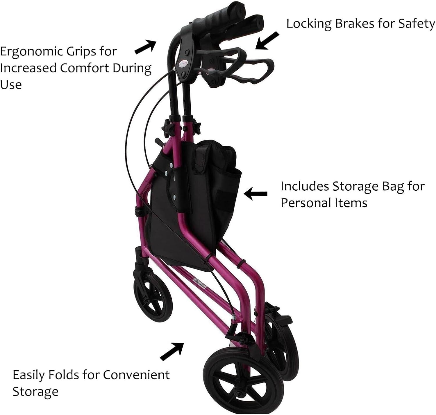 3 Wheel Rollator Walker Folding Lightweight Brakes Bag Indoor Outdoor