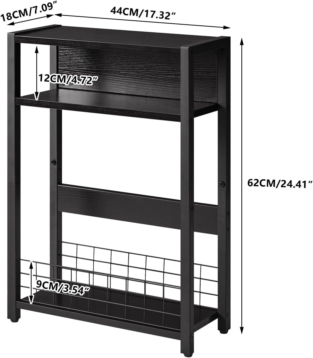 Narrow Black Side Table 3 Tier Slim End Table with Storage Shelf for Sofa Bed