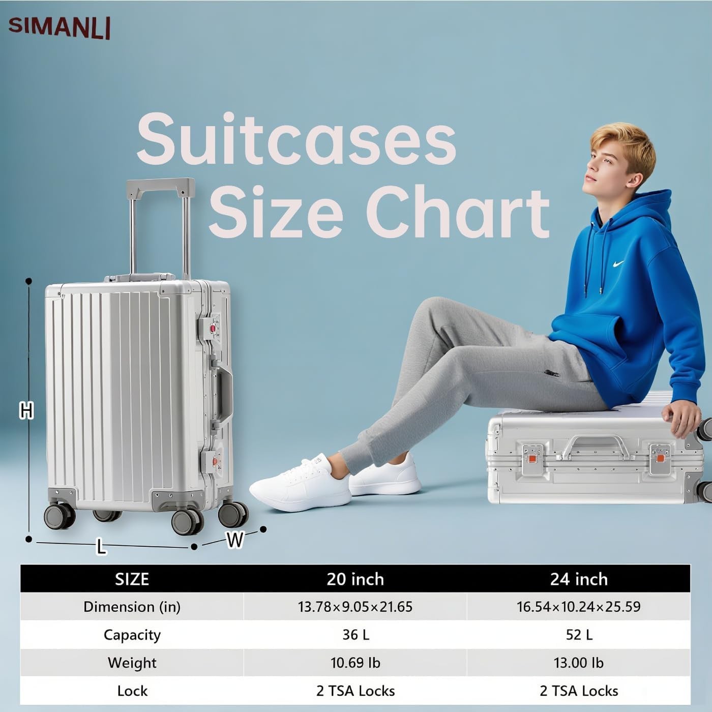 Silver Aluminum Cabin Suitcase 20 Inch Hard Shell Carry On TSA Spinner