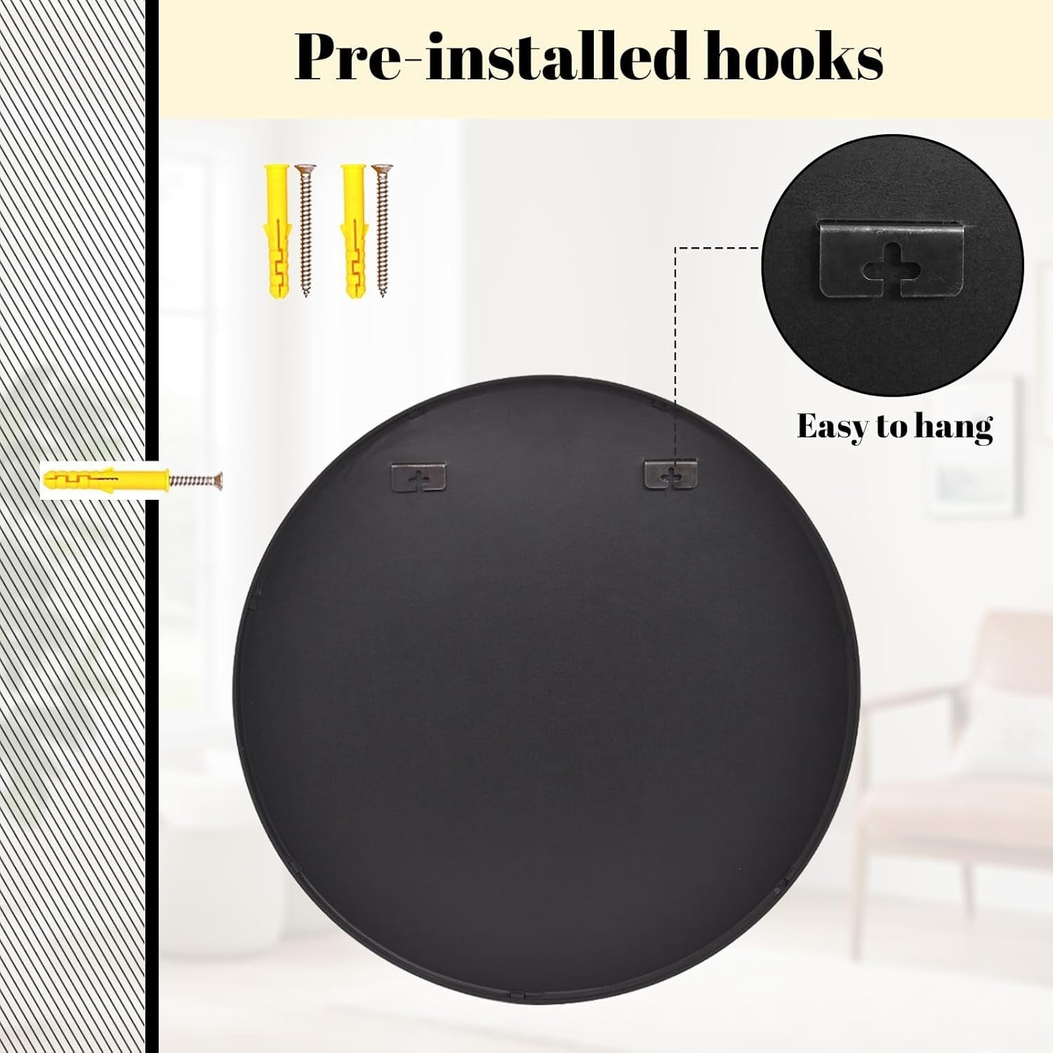 Black Round Wall Mirror 76cm with Aluminum Frame & Easy Wall Mount