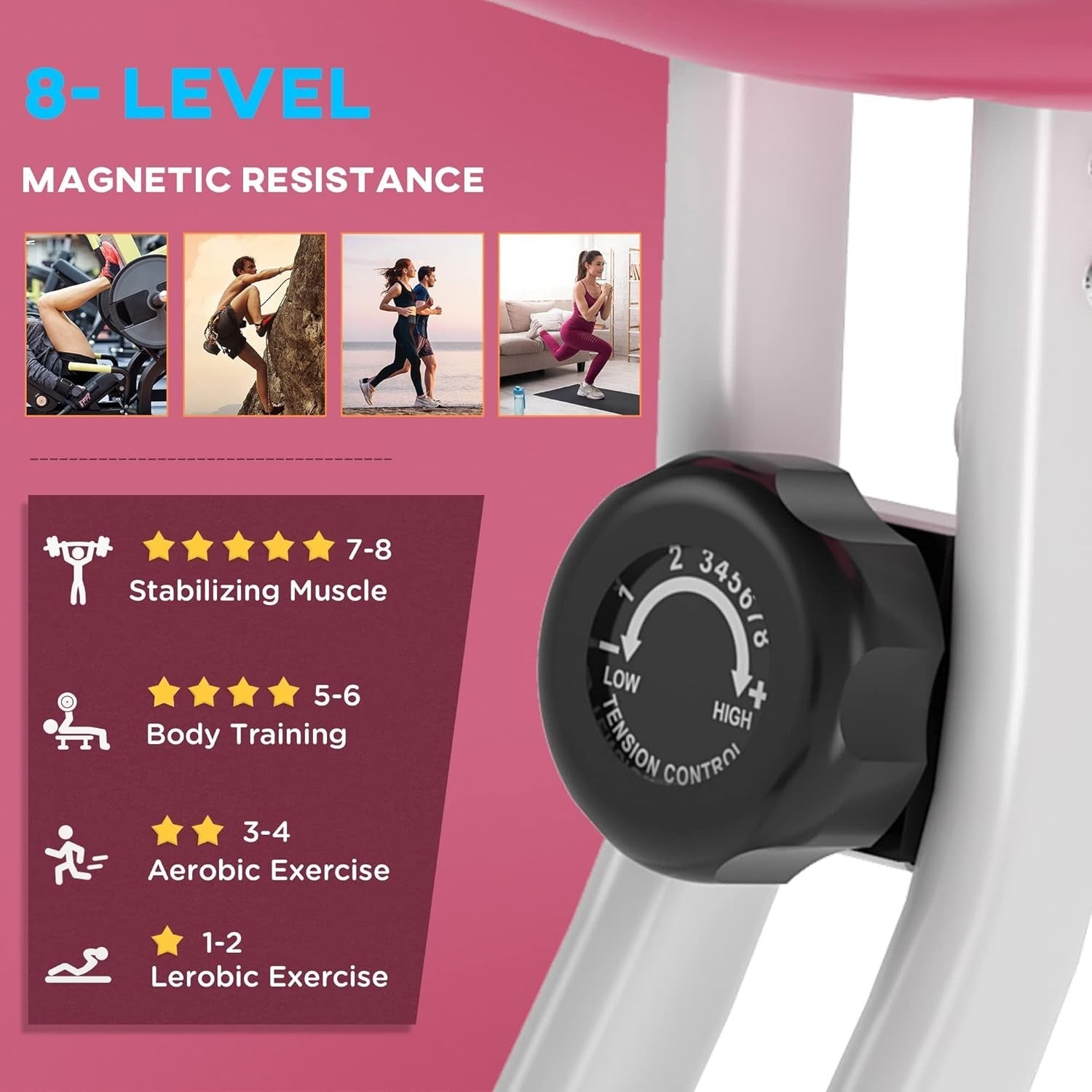 Pink Folding Exercise Bike 8-Level Magnetic Resistance LCD Pulse Monitor