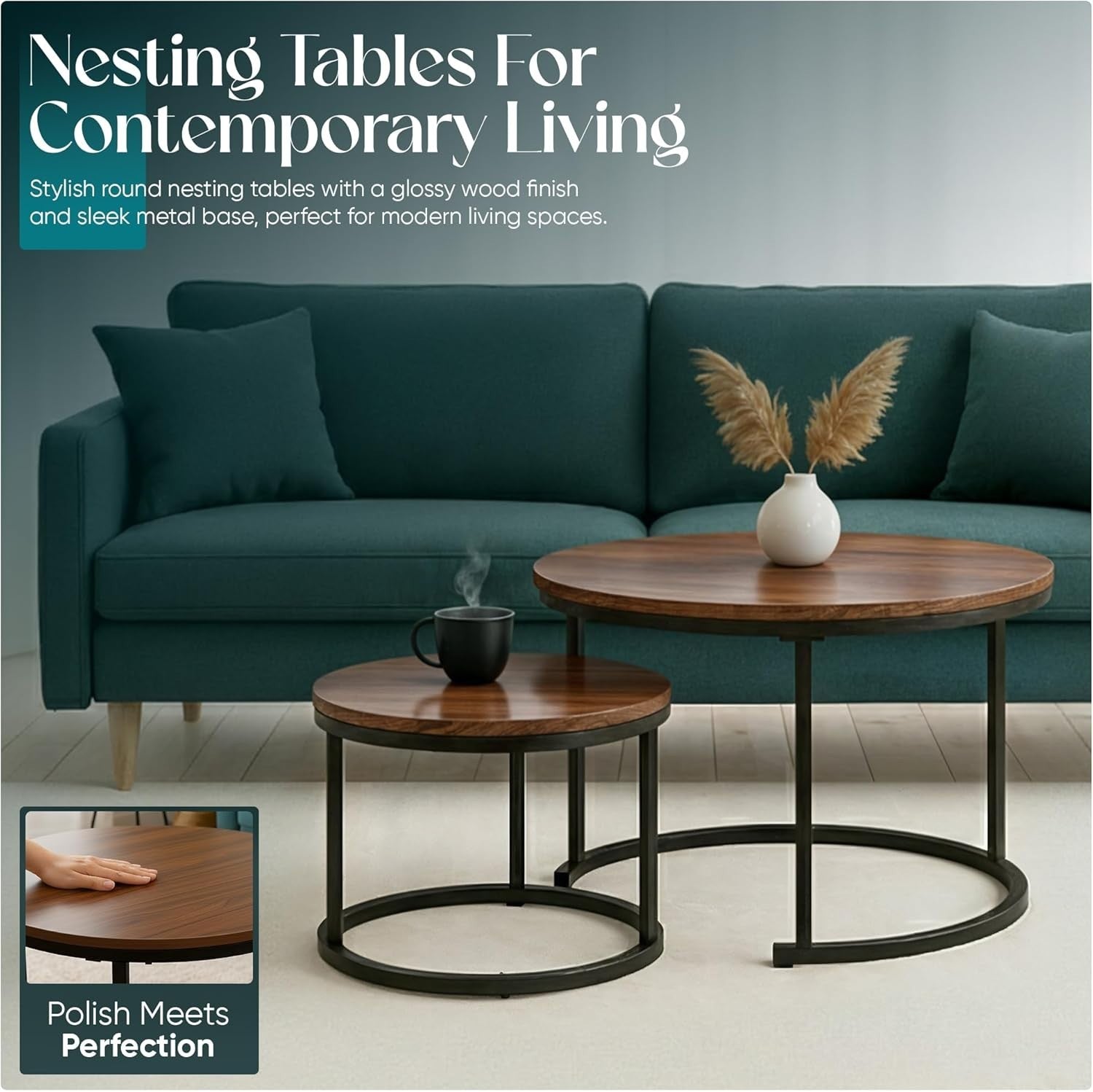 Round Wood Nesting Coffee Tables Set of 2, Stackable Side End Accent Table Brown