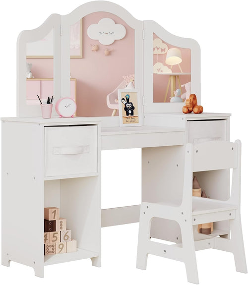 Kids Vanity Table & Chair Set White 2-in-1 Makeup Desk with Storage & Mirror