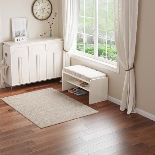 Beige Velvet Shoe Storage Bench with Cushion Seat – Modern Hallway Stool