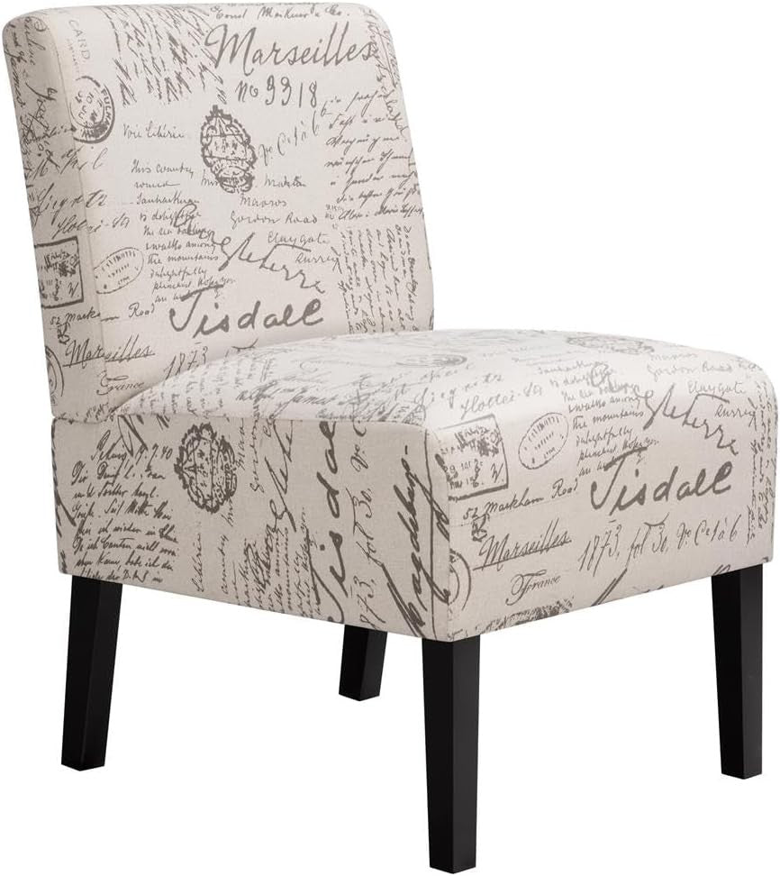 Linen Accent Side Chair Letter Print Solid Wood Legs Bedroom Dining