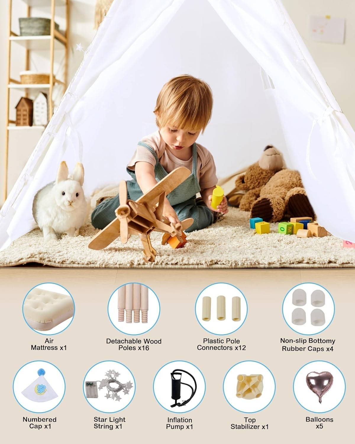 Kids Teepee Tent with Inflatable Airbed, Lights & Balloons – Indoor/Outdoor