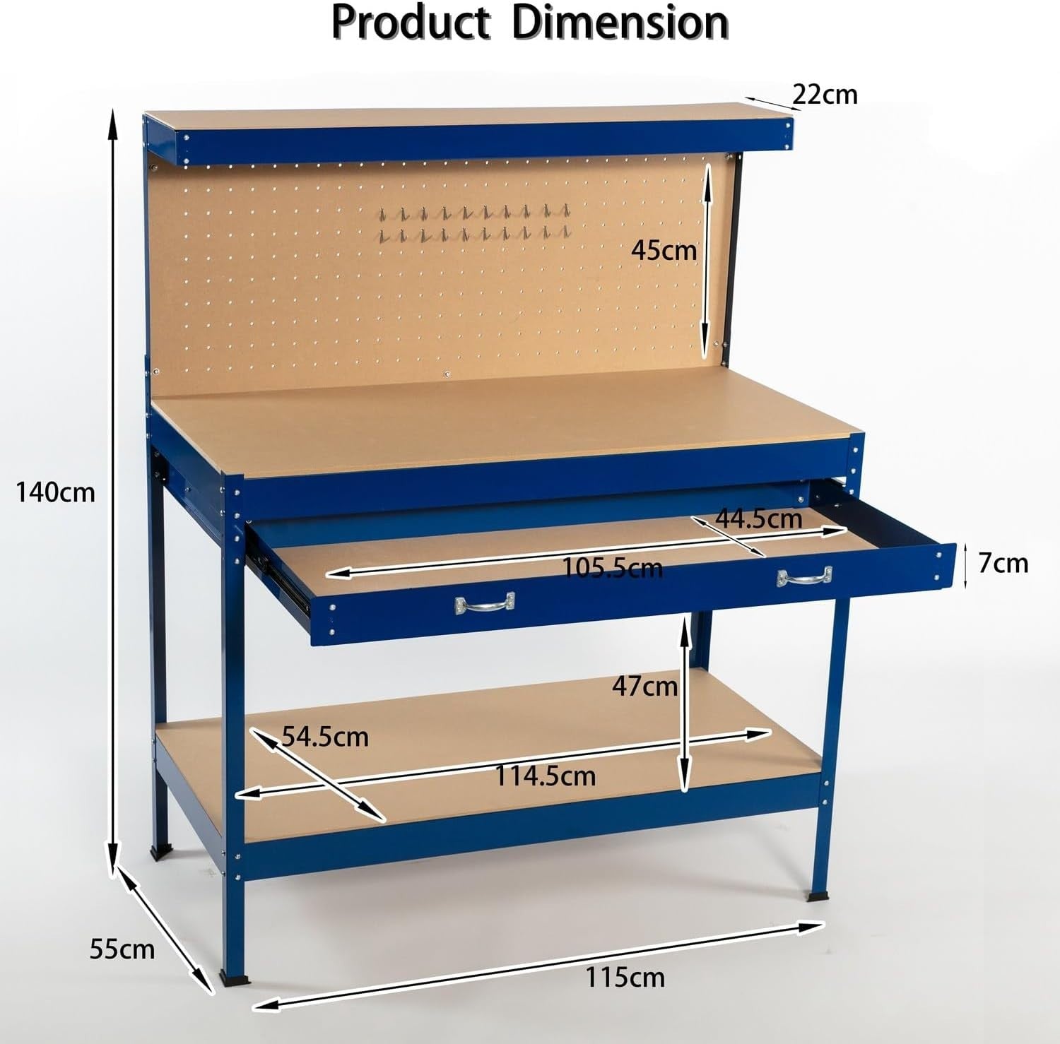 Blue Steel Garage Workbench Tool Station w/ Drawer Pegboard Shelf DIY Bench