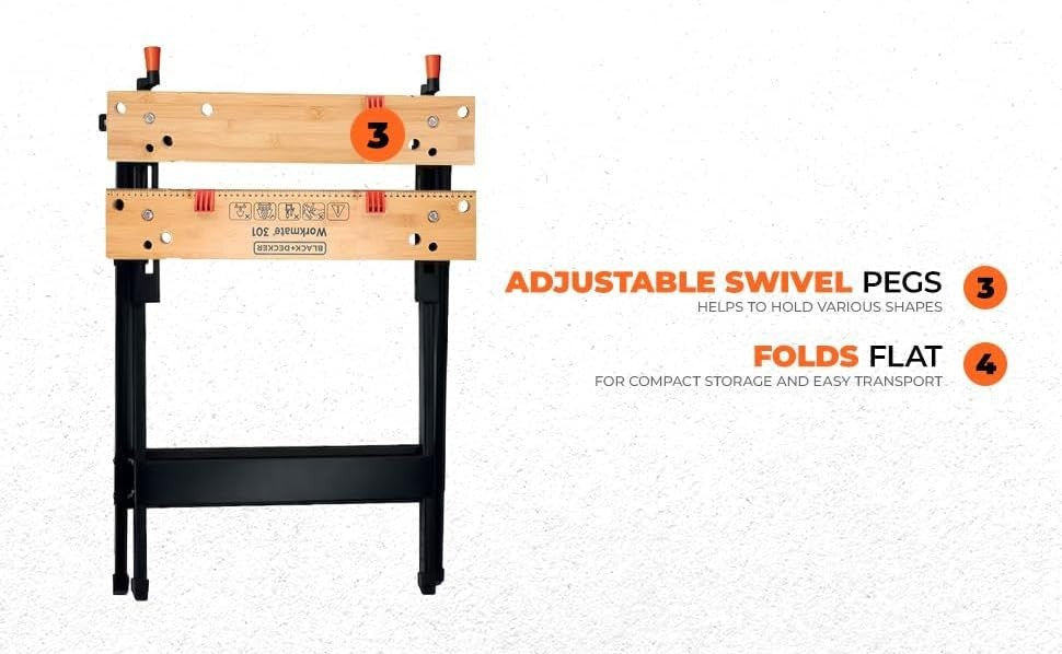 Foldable Portable Workbench with Clamp System Steel Frame Bamboo Top WM301